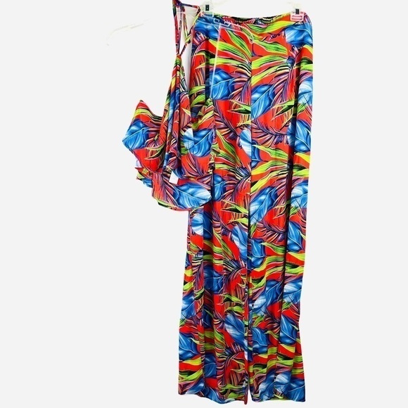 New-shop17 Two Pc Set Tropical Multi color, Ruffled Top Wide Leg Neck Tie Pants - Picture 3 of 16